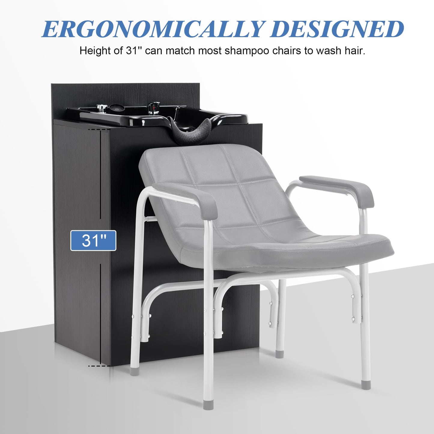 BarberPub Modern Shampoo Backwash Sink Station with Shampoo Bowl, Spa Salon Beauty Equipment with Engineered Wood, 22.8" (L) x 36.2" (H) x 18.7" (D) 6154-7134, Black