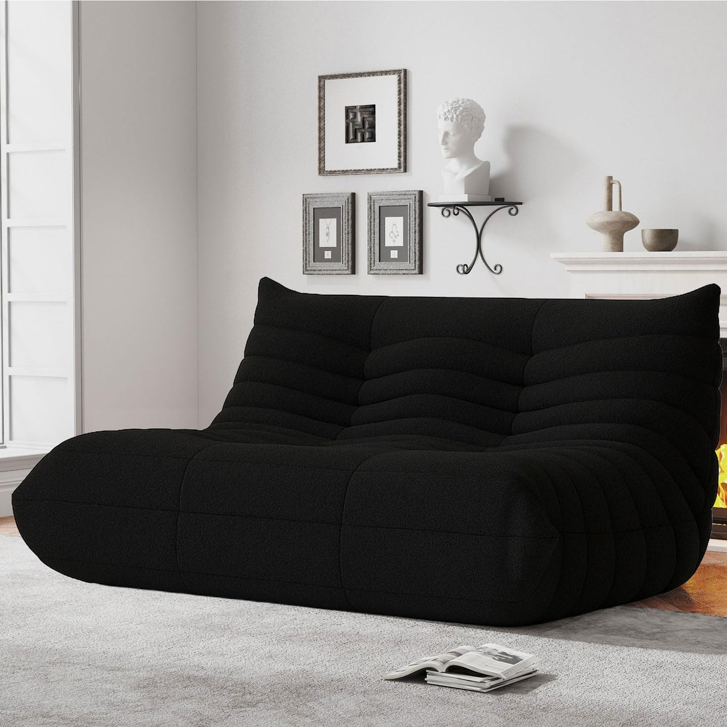 Bean Bag Chairs for Adults, Memory Foam Couch Loveseat Sofa Chair, Soft Teddy Material Cozy Comfy Reading Nook Chairs, Floor Chair for Living Room Bedroom Office(Black)