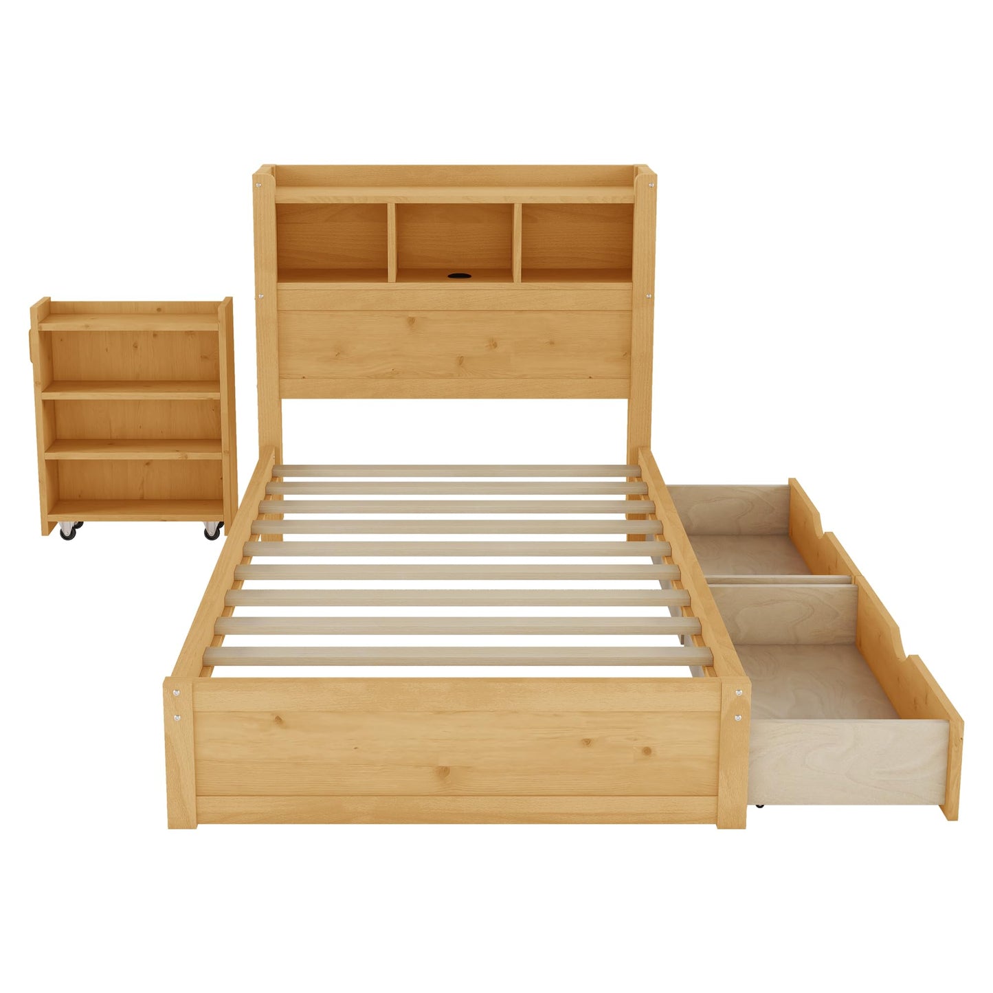 KEIKI Twin Size Wood Platform Bed Frame with Storage Headboard & Pull Out Storage Cabinet & 2 Drawers, Modern Bed with Solid Slats & Socket, No Box Spring Required, Easy Assembly, for Bedroom, Natural