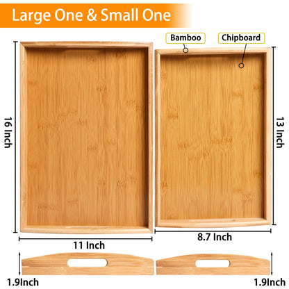 2-Pack Bamboo Serving Trays with Handles, 16" and 13", Decorative Food Tray Set for Breakfast, Coffee, Tea, Snacks, Ideal for Coffee Table, Ottoman, Living Room & Kitchen