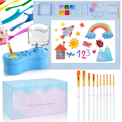 Mikiwon Painting Station, Paint Brush Cleaner and Silicone Art Mat 20"X16" with 10 Paint Brushes, Paint Brush Rinser, Art Supplies Set (Blue)