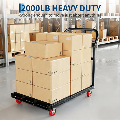 2000lbs Heavy Duty Folding Platform Cart - 37x24 Steel Flatbed - Dual Side Handrails - 5" 360° Swivel Casters (2 Brakes) - Ergonomic Rolling Computer Tower Dolly - Office, Warehouse,