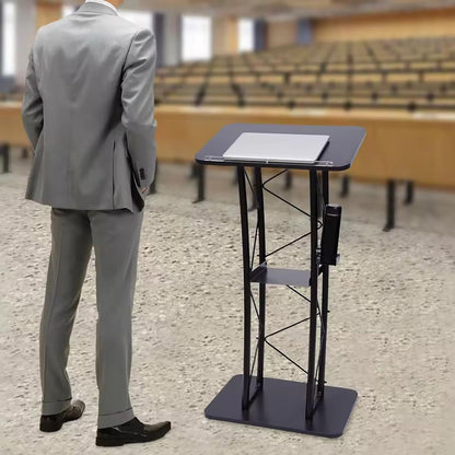 Black Curved Podium Stand - Metal Lectern for Classroom, Stage & Church - Large Pulpit for Speeches, Ceremonies, Celebrations - Professional Presentation Equipment