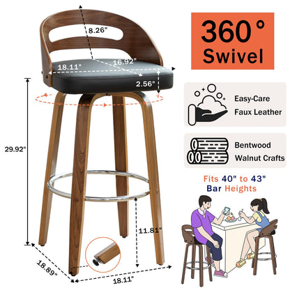 Bar Stools Set of 2, Swivel Bar Stools with Walnut Craftsmanship, Bentwood Curved Back, Upholstered Faux Leather, Soft Cushion Seat, Mid Century BarStools for Bar/Pub/Cafe (Black, 30" Seat Height)