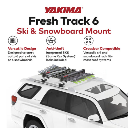 YAKIMA, FreshTrack Ski & Snowboard Mount, Fits Most Roof Racks, 6 Ski Pairs/2 Snowboards