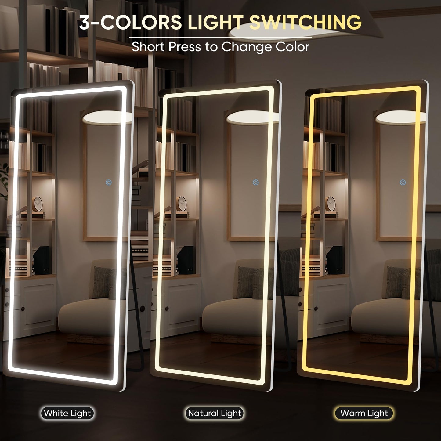 LadyNow LED Full Length Mirror, 76" x 34" Rect Style, Floor Standing or Wall Hanging, Lighted, Aluminum Frame