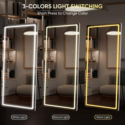 LadyNow LED Full Length Mirror, 76" x 34" Rect Style, Floor Standing or Wall Hanging, Lighted, Aluminum Frame