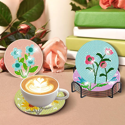 DOTZSO 8 Pcs Diamond Art Coasters Kit with Holder, Diamond Art Kits for Adults Beginners Small Diamond Painting Coasters, Arts and Crafts for Adults Supplies Item Sets (Flower)
