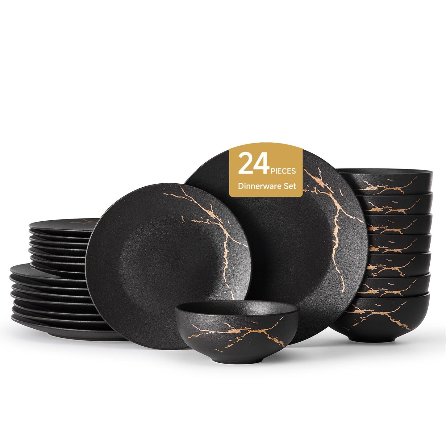 KINGSTONE Porcelain Dinnerware Sets for 8 | 24 Piece Plates and Bowls Sets Kitchen Dishes Scratch Resistant Matte Black Gold Vein Dinner Salad Plate Dishware for Party Daily Wedding