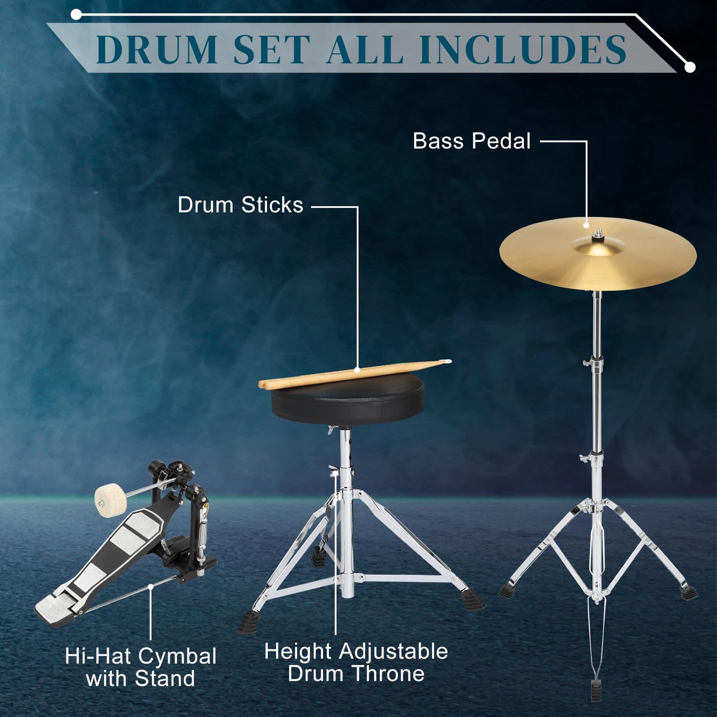 Ktaxon 22 Inch Adult Drum Set, 5-Piece Full-Size Drums Kit with Cymbal Stands, Hi-hat Stand, Sticks, Drum Pedal, Stool & Floor Tom for Beginner Teens Student (Black)