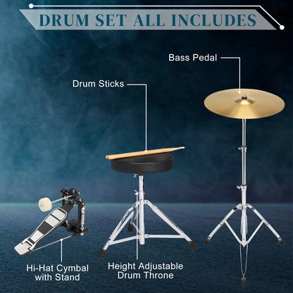Ktaxon 22 Inch Adult Drum Set, 5-Piece Full-Size Drums Kit with Cymbal Stands, Hi-hat Stand, Sticks, Drum Pedal, Stool & Floor Tom for Beginner Teens Student (Black)