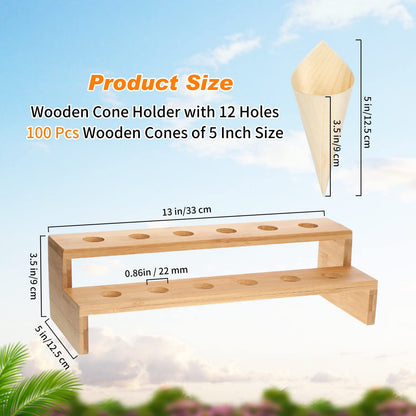 Queekay 100 Pcs Disposable Wooden Food Cones with 12 Holes Food Cone Display Stand Cone Holder for Charcuterie, Ice Cream, Catered Events, Party or Buffets(Straight,Bamboo)