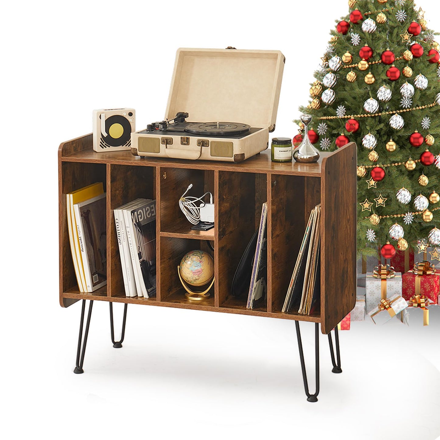 BMWEI Record Player Stand with Display Area, Wooden Turntable with Storage, Holds Up to 300 Albums (Brown)