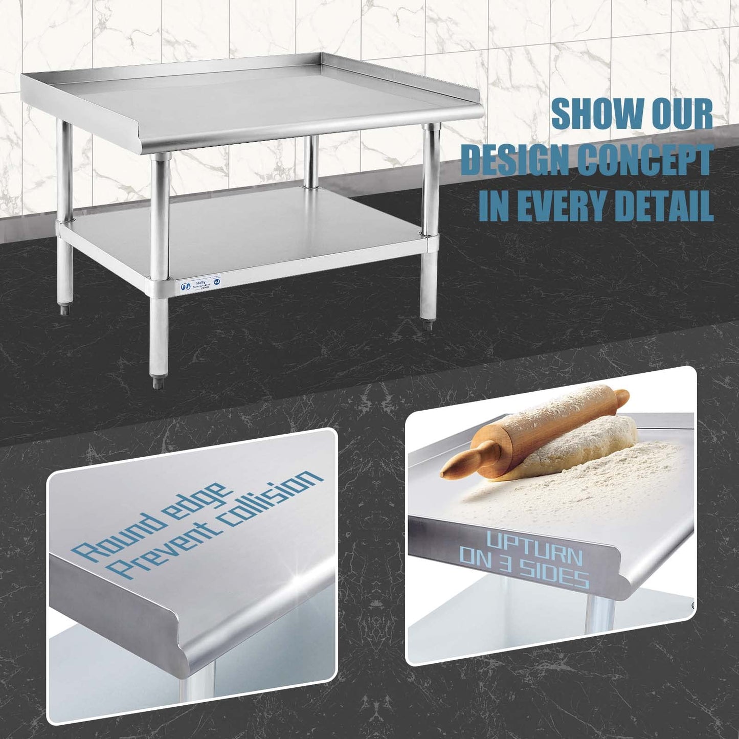 Hally Stainless Steel Equipment Stand 28x36 Inches with Undershelf, NSF Commercial Prep & Work Table with Rear and Side Risers, Heavy Duty Grill for Kitchen, Bar, Restaurant, Home and Hotel
