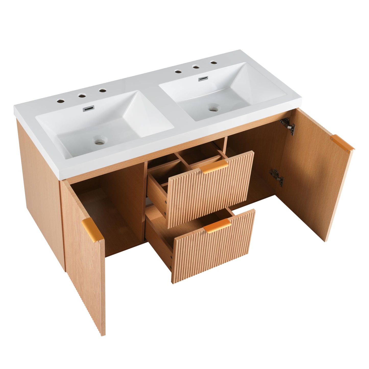 Merax 47.24" Wall-Mounted Double Sink Bathroom Vanity with SMC Countertop, Modern Two Integrated Sinks, Soft-Close Doors & Divided Drawers, Wood Grain Melamine Finish for Shared Bathroom