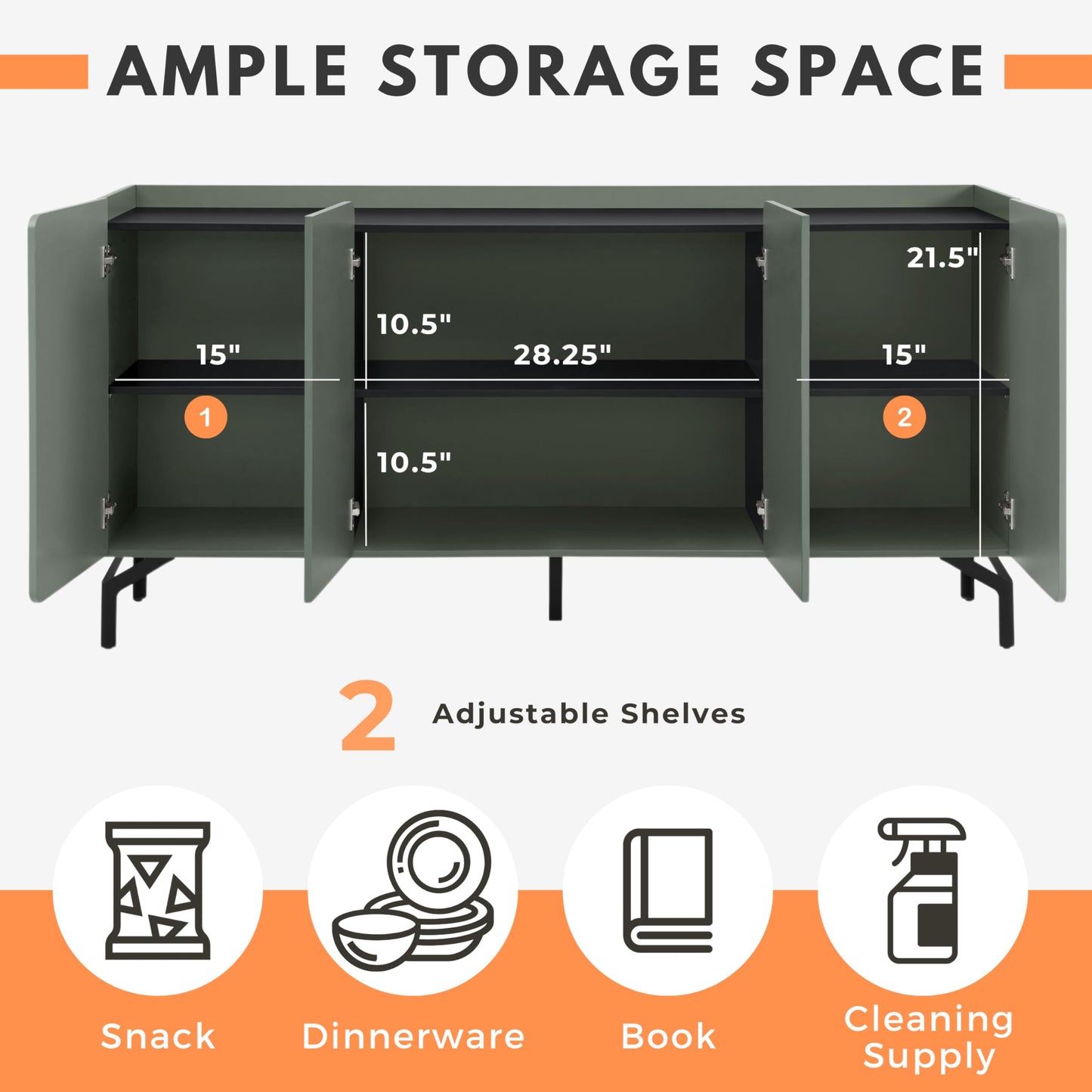 24/7 Shop at Home Elwin 60" Modern Sideboard Buffet, Storage Cabinet with Doors and Adjustable Shelves for Dining, Living Room, Kitchen, Entryway, Office, Sage Green & Black