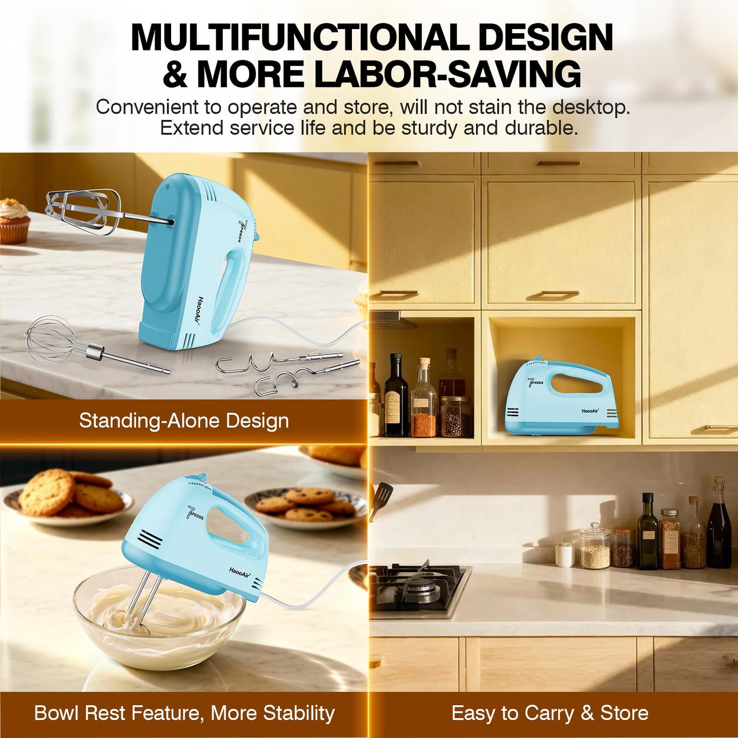 HaooAir Electric Handheld Mixer, 7-Speed Adjustable Kitchen Mixer, 5 Stainless Steel Accessories (2 * Dough Hooks, 2 * Beaters, 1 * Whisk), Perfect for Kitchen and Baking Food Mixers, Blue