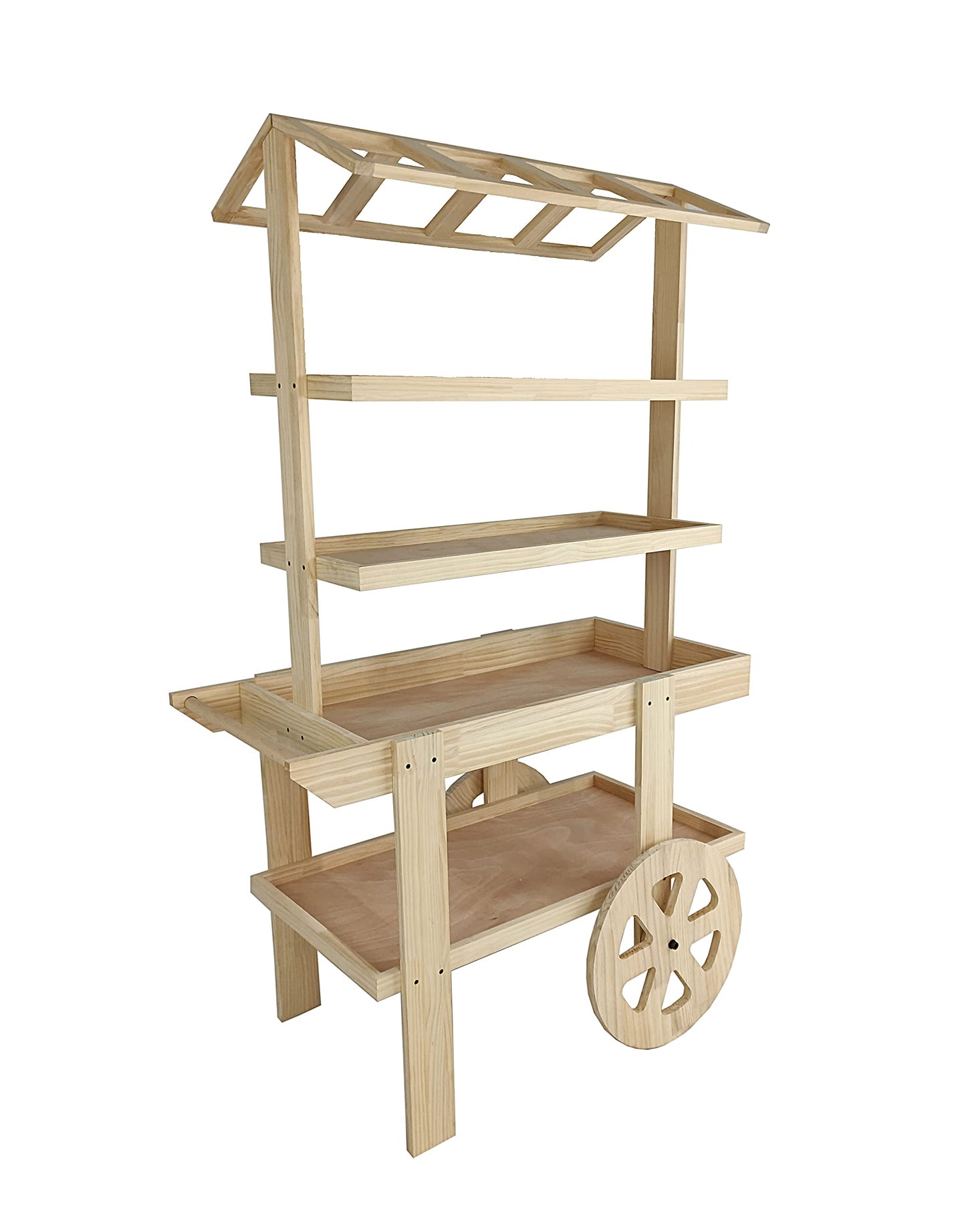 FixtureDisplays® Flower Cart Vending Cart Farmers Market County Fair Wagon Wood Stall Stand Rolling Shelf Retail Booth Kiosk 42.0" Long x 68" Tall x 25.0" Wide 19402