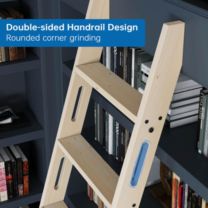 CEAKIAN Rolling Library Ladder 8ft,450lbs Capacity,7 Steps with Build-in Handrail,Solid Wood,Easy Assembly for Loft Bookshelf Kitchen Attic Outdoors,DIY Stain (No Sliding Hardware)
