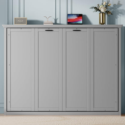 DNYN Queen Size Murphy Bed for Bedroom,Guest Room,Solid Wood Wall Bedframe w/Wooden Leg & Cabinet Design,Super Save Space & No Box Spring Needed, Gray