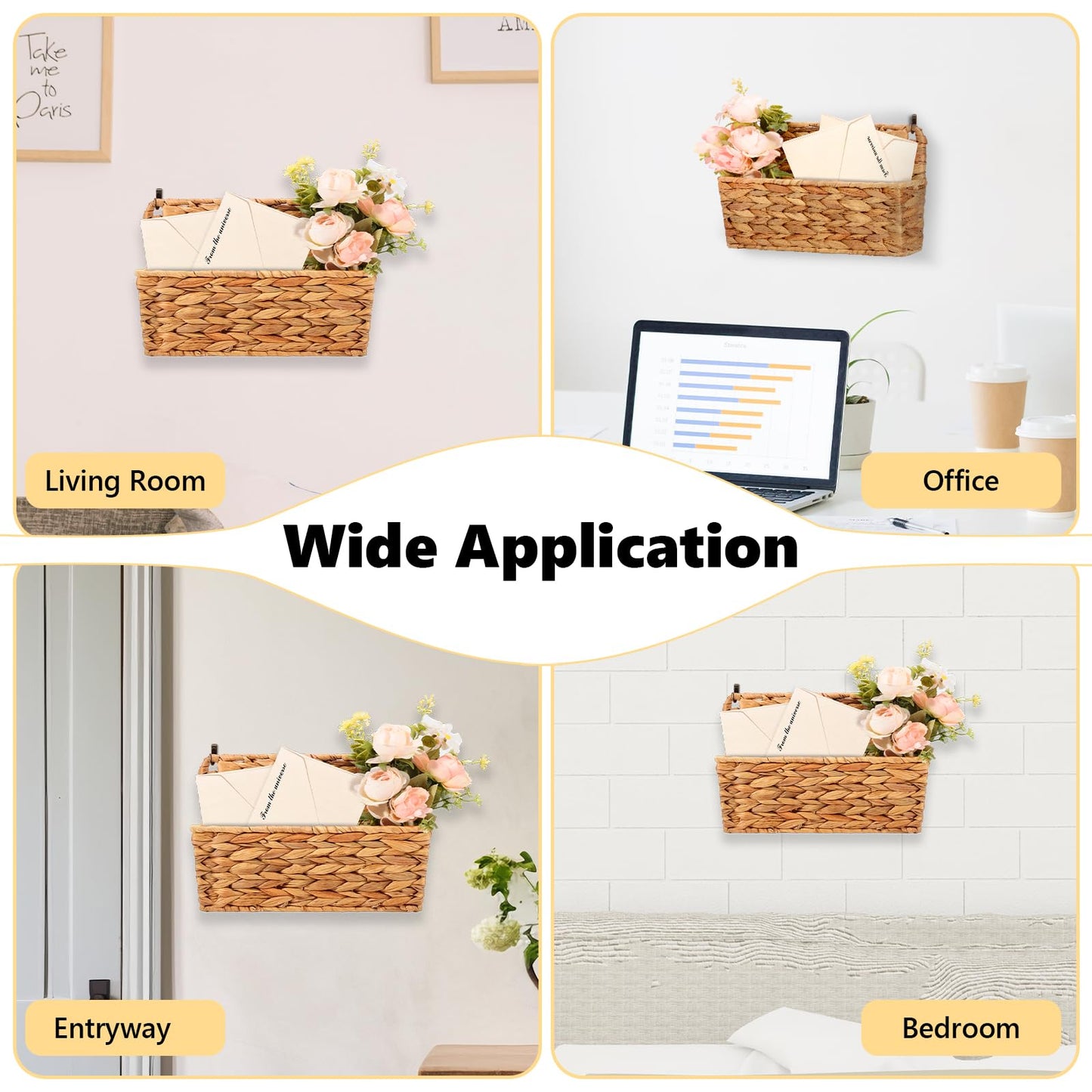 2 Pcs Woven Mail Holder Wall Mount Basket Rattan Wall Letter Holder Wicker Hanging Magazine Rack Water Hyacinth Magazine Basket 9.25x1.57 Inch Hanging Storage Basket with Hooks for Envelope Office