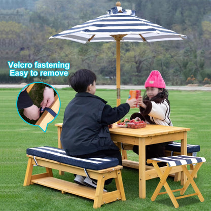 LLZJDDPLY Kids Wooden Picnic Table, Outdoor Activity Dining Table w/Adjustable Collapsible Umbrella, Children Backyard Furniture, for Patio, Garden(Green)