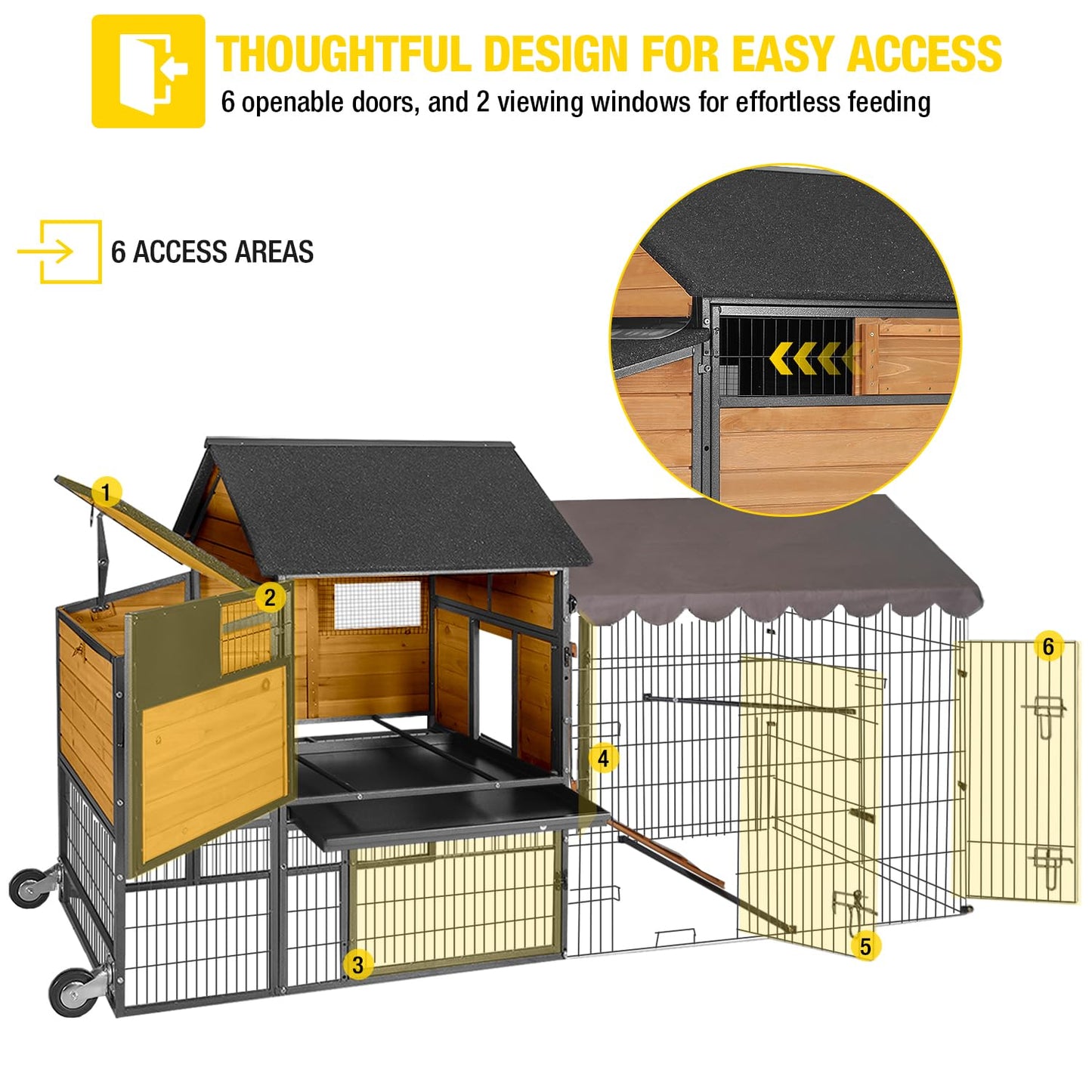 Large Chicken Coop for 4-6 Chickens, All-Steel Frame Hen House Poultry Cage with Waterproof Cover, Nesting Box & Metal Run