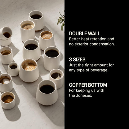 Fellow Joey Double Wall Ceramic Coffee Mug - Refined Matte White, Single 8 oz Cup