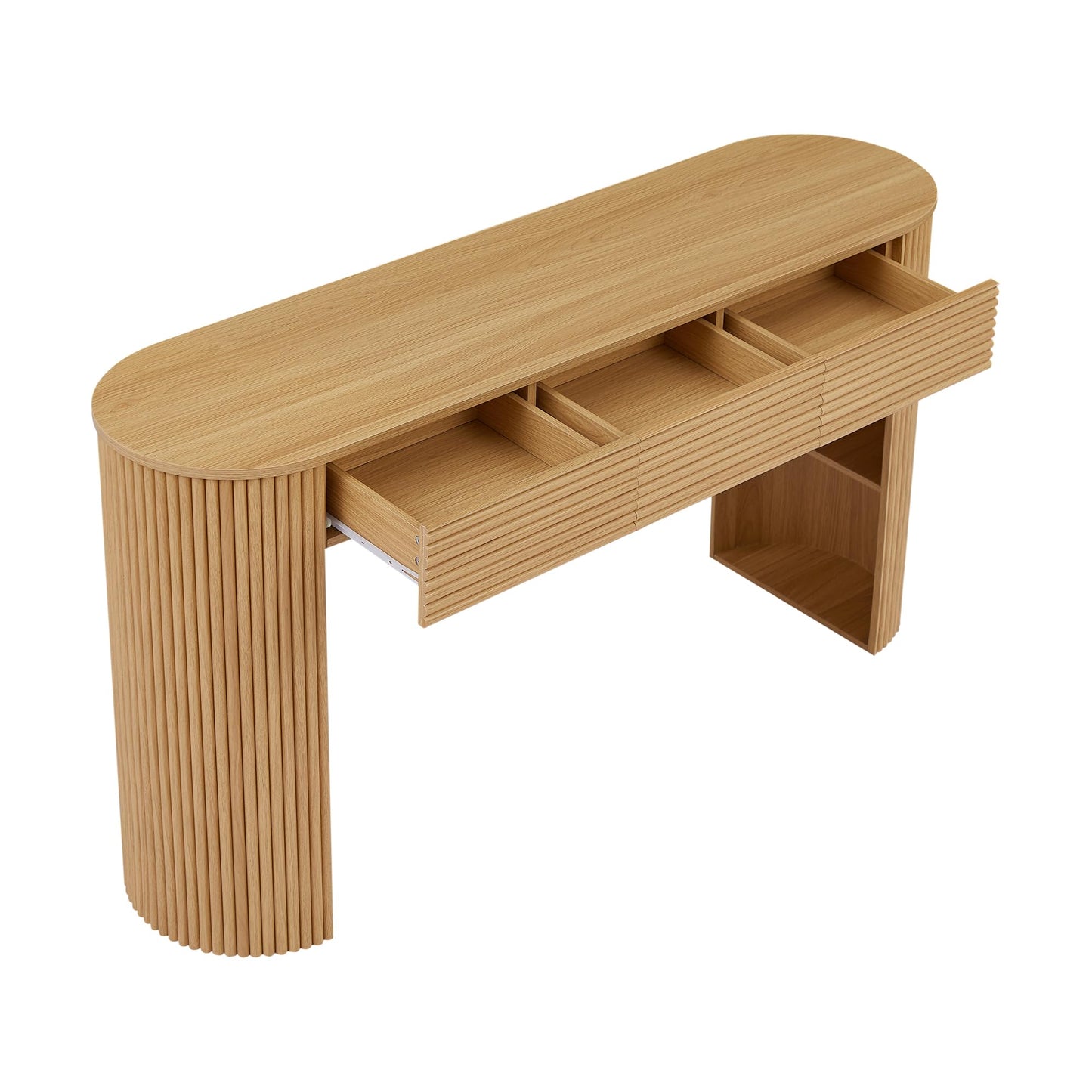 Christopher Knight Home Sara MDF Console Table With Storage, Narrow Entryway Table With 3 Drawers & Table-Leg Niche, Retro Couch Table, Round Slat Aesthetic Sofa Table For Living Room Hallway, Natural