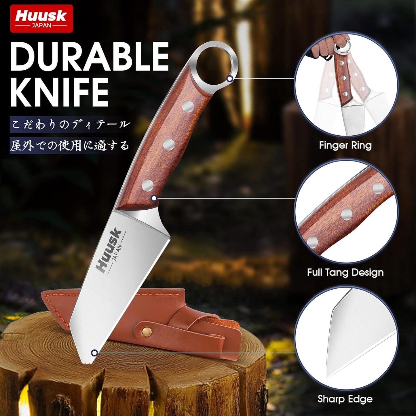 Huusk Japan Small Meat Knife, Portable Kitchen Knives for Steak, Fruit, Carbon Steel Boning Knife, Vegetable Knife with