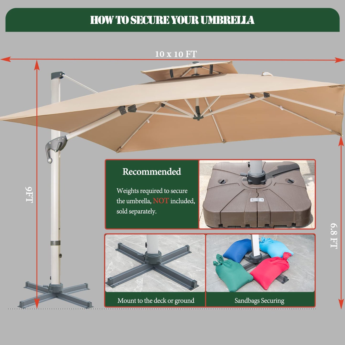 Mojia Cantilever Patio Umbrella with Cross Base and Cover Included - 360° Rotation Large Heavy Duty Offset Outdoor Umbrella with Easy Tilt for Pool Backyard Deck Garden (10x10 FT Khaki)