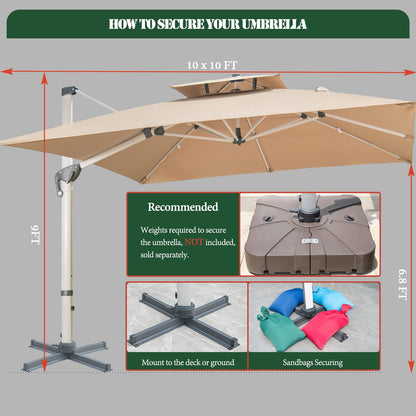 Mojia Cantilever Patio Umbrella with Cross Base and Cover Included - 360° Rotation Large Heavy Duty Offset Outdoor Umbrella with Easy Tilt for Pool Backyard Deck Garden (10x10 FT Khaki)