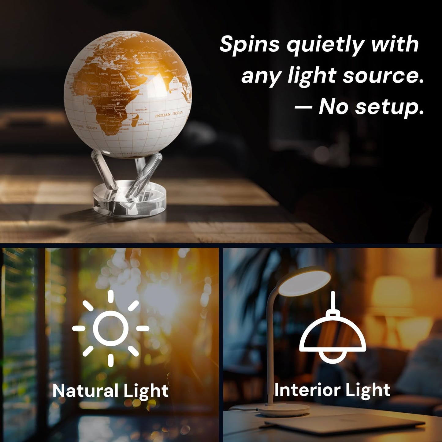 MOVA Globe - Pearl White and Gold Prestige (8.5") | Solar-Powered Rotating World Globe for Desk | Elegant Modern Decor | No Batteries or Wires