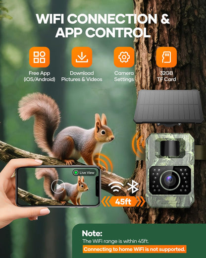Assark Solar Trail Camera 48MP 30FPS, WiFi Bluetooth Game Camera with Motion Activated 0.2s Trigger, Night Vision Motion Activated IP66 Waterproof for Wildlife Scouting with 32GB Micro SD Card
