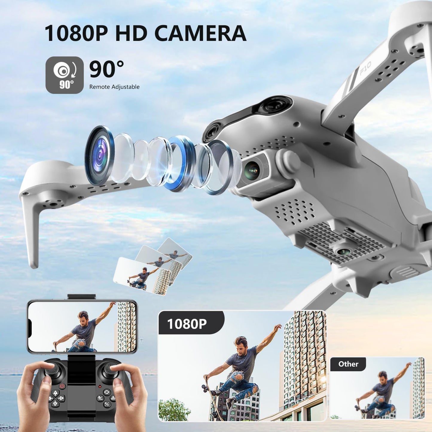DRONEEYE F10 Foldable Drone with Camera for Adults, Brushless Motor, 1080P HD FPV Live Video, Altitude Hold，Headless Mode,3D Flips, Trajectory Flight, App Control,One Key Start, RC Quadcopter for kids with 2 Batteries