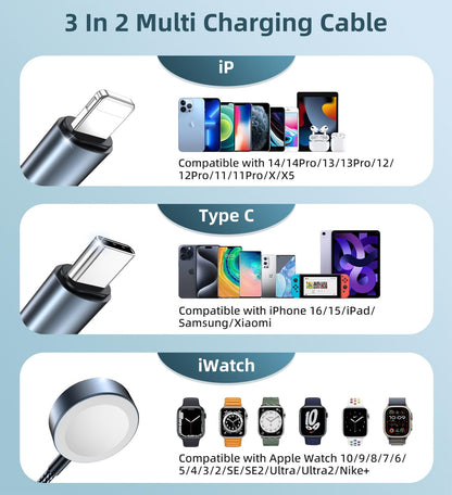 Upgraded Travel Essentials for Apple Watch Charger 3 in 2 Multi Charging Cable for iPhone 17 iWatch Charger USB C Cord, Car RV Camping Essentials Compatible with iWatch Ultra/SE/11 & iPhone 16/15-12