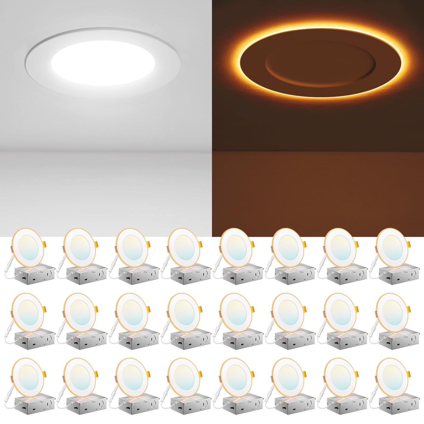 Amico 24 Pack 6 Inch 5CCT LED Recessed Ceiling Light with Night Light, 2700K/3000K/3500K/4000K/5000K Selectable Ultra-Thin Recessed Lighting, 12W=110W, 1100LM, Dimmable Canless Wafer Downlight ETL&FCC