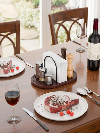 Primo Lines Rotating Napkin Holder for Table with Built-In Space for Salt and Pepper Shakers, Wooden Metal Caddy Rustic Table Organizer with 360 Degree Spin for Kitchen Decor and Accessories (Walnut)
