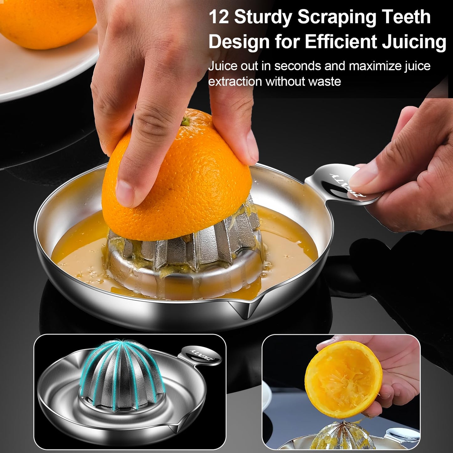 ZIGNTY Lemon Squeezer Stainless Steel, Heavy Duty Manual Hand Juicer, Premium Citrus Reamer Juicer Rotation, Lime Orange Fruit Squeezer, 200ML Container 2 Pour Spouts, Dishwasher Safe（5-Year Warranty）