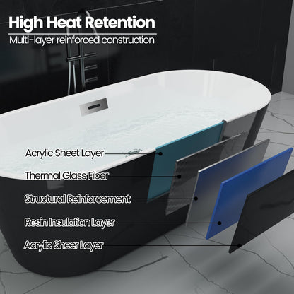 Freestanding Bathtub – Acrylic Extra Large Soaking Bathtub, 67 Inch Modern Free Standing Tub with Chrome Drain & Overflow, Black & White Freestanding Tub for Home Spa