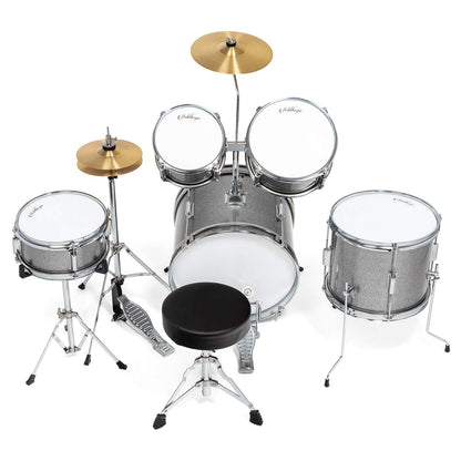 Ashthorpe 5-Piece Complete Junior Drum Set with Genuine Brass Cymbals - Advanced Beginner Kit with 16" Bass, Adjustable Throne, Cymbals, Hi-Hats, Pedals & Drumsticks - Silver