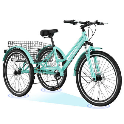 H&ZT Adult Tricycle, 3 Wheeled Bike, Trike Cruiser Bike, with 7-Speed Gear, Parking Brake Handle, Low Step, Large Rear Basket, Elderly Friendly, for Men, Women, and Teens