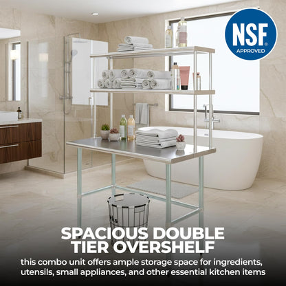 Express KitchQuip Stainless Steel Open Base Table with Wide Double Tier Overshelf | Metal Kitchen Prep & Shelving Combo (24" x 36" Open Base Table + 18" Overshelf)