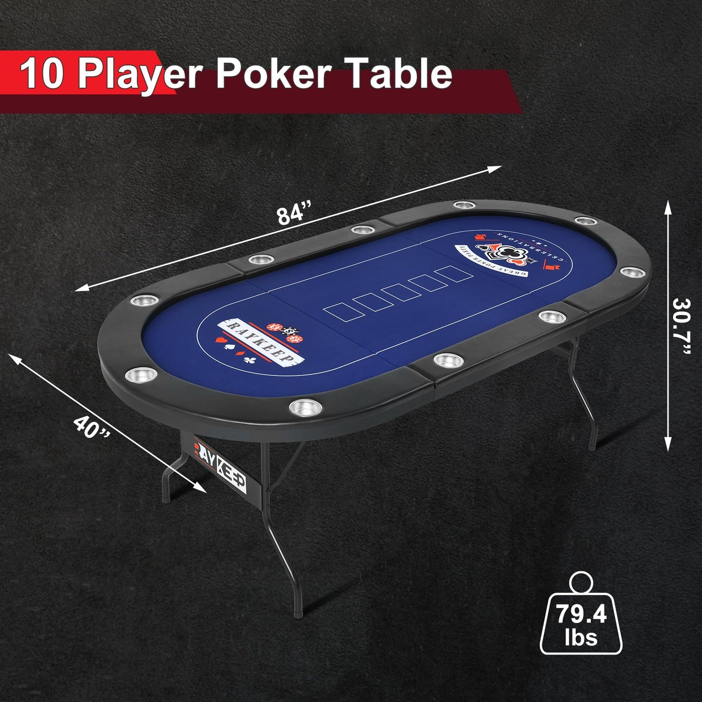 RAYKEEP 10 Player Poker Table Foldable, 84" Portable Casino Leisure Texas Holdem Table, Folding Game Table with Padded Rails and Cup Holders for Texas Card, Blackjack Board Game(Black)
