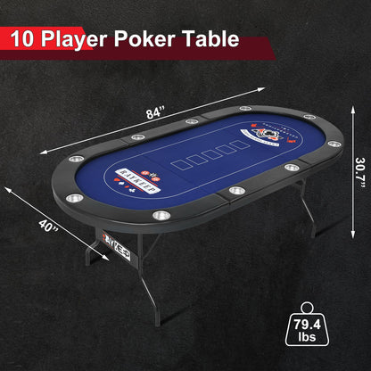 RAYKEEP 10 Player Poker Table Foldable, 84" Portable Casino Leisure Texas Holdem Table, Folding Game Table with Padded Rails and Cup Holders for Texas Card, Blackjack Board Game(Black)