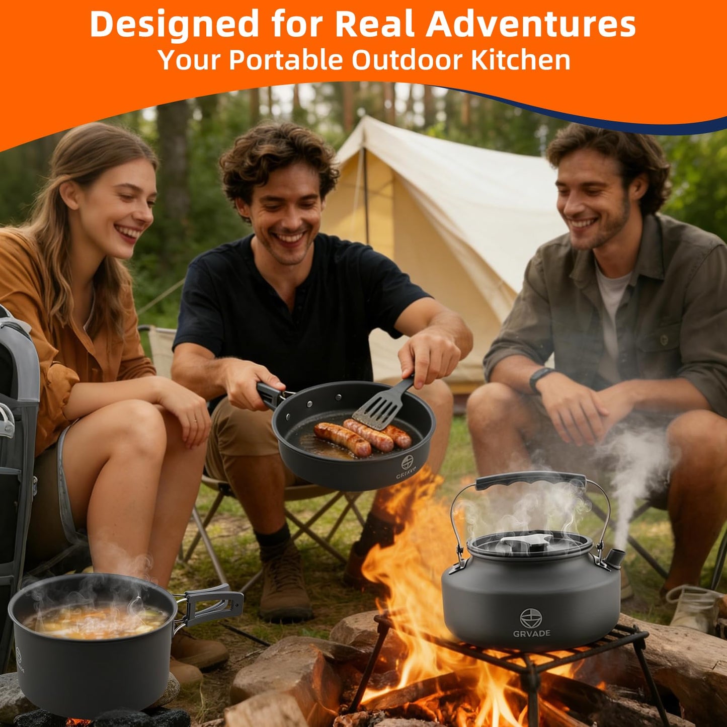 17-Piece Camping Cooking Set with Kettle, Non-Stick Anodized Aluminum Camping Cookware Set – Portable Pot & Pan Kit for Outdoor Hiking, Picnics, Backpacking, Survival, Mesh Carry Bag Included