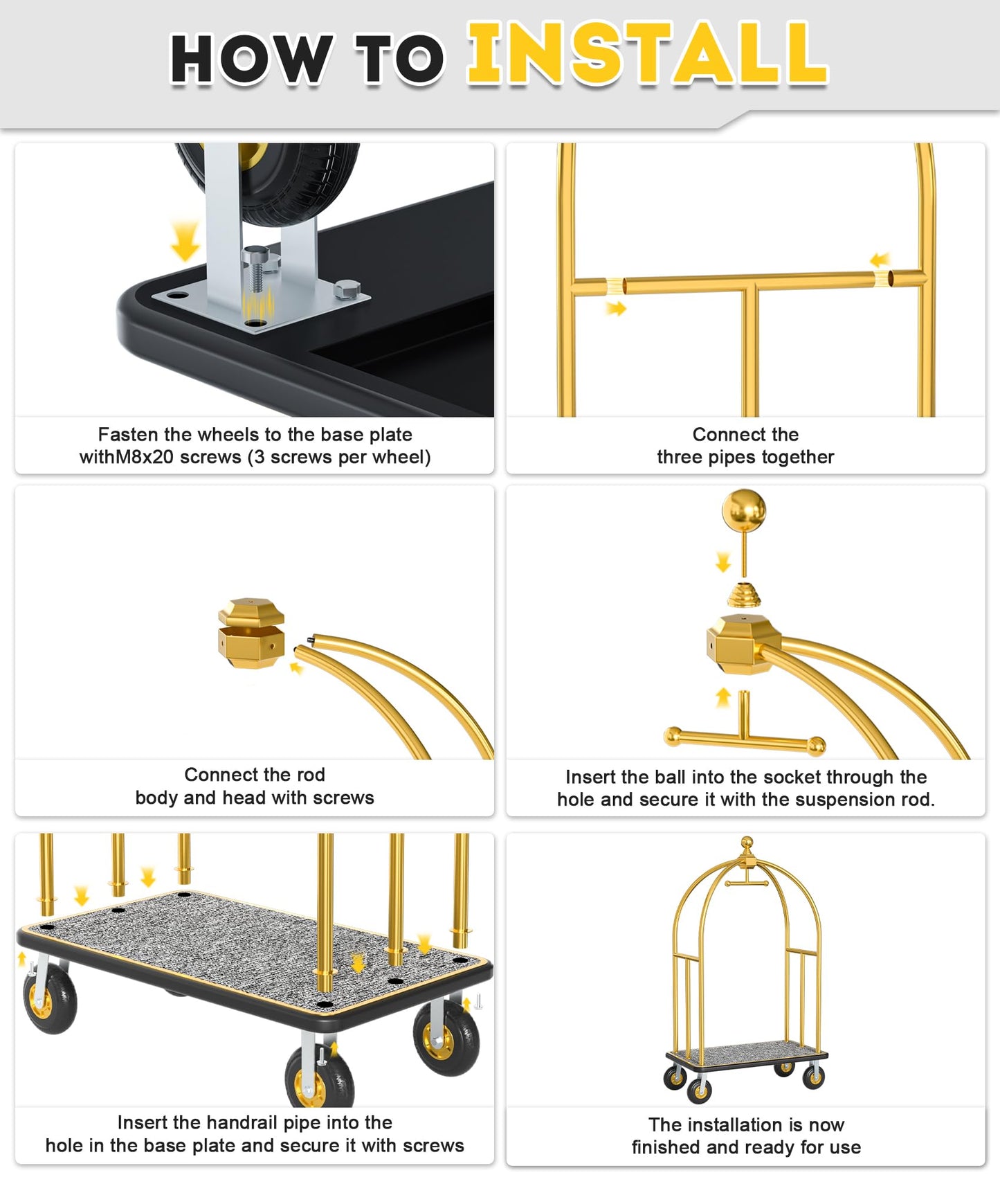 Hotel Luggage Cart, 1300LBS Load Capacity Bellman's Cart with 8" Wheels, Brushed Stainless Steel Commercial Grade Hotel Luggage Trolley with Grey Carpeted Deck for Hotels (Gold/42''L x 26''W x 74''H)