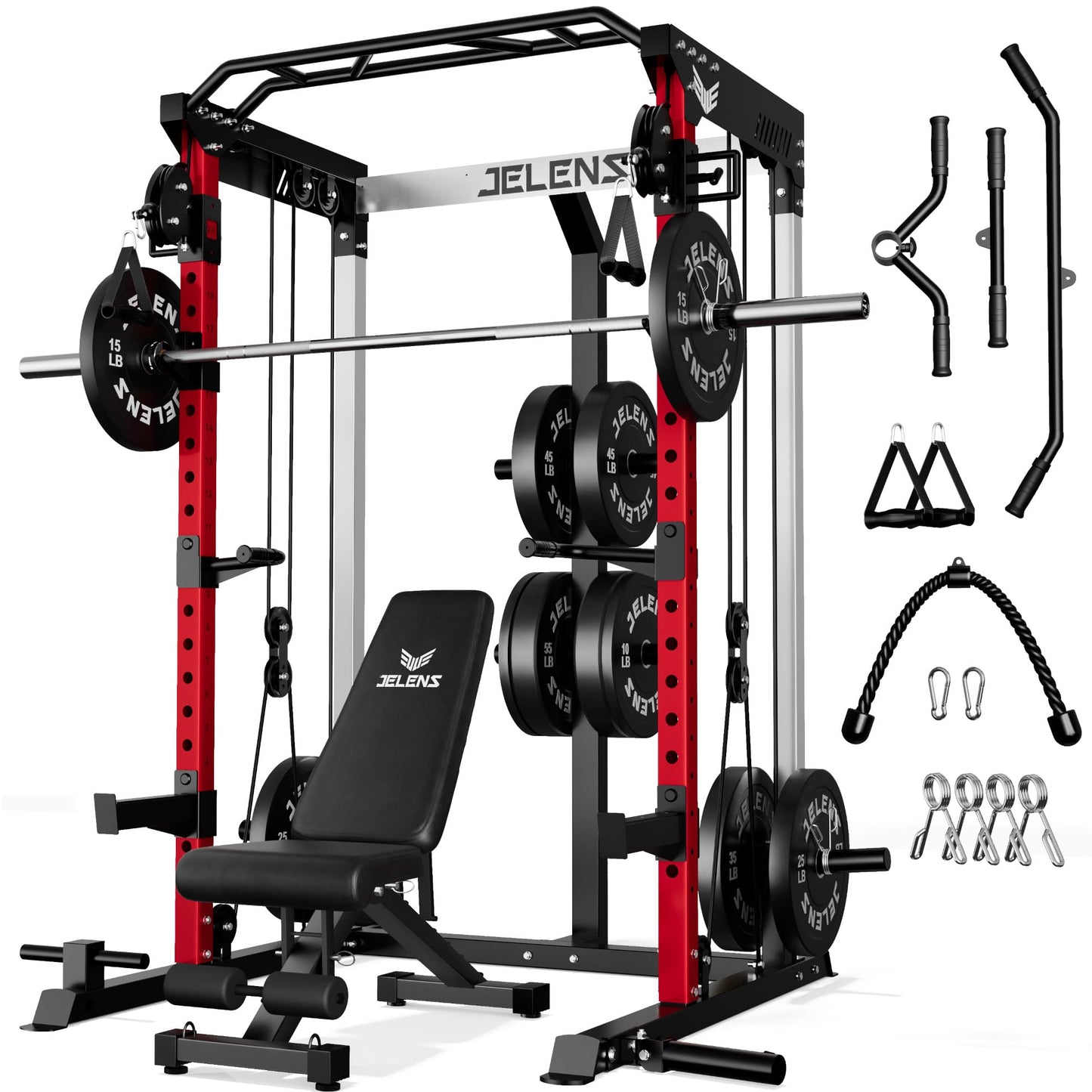 JELENS C21 Power Cage, 2000LBS Multi-Function Power Rack with Independent Dual Pulley System, All-in-One Squat Rack for Cable Crossover, Home Gym Workout Machine (Red, 370LBS Black)