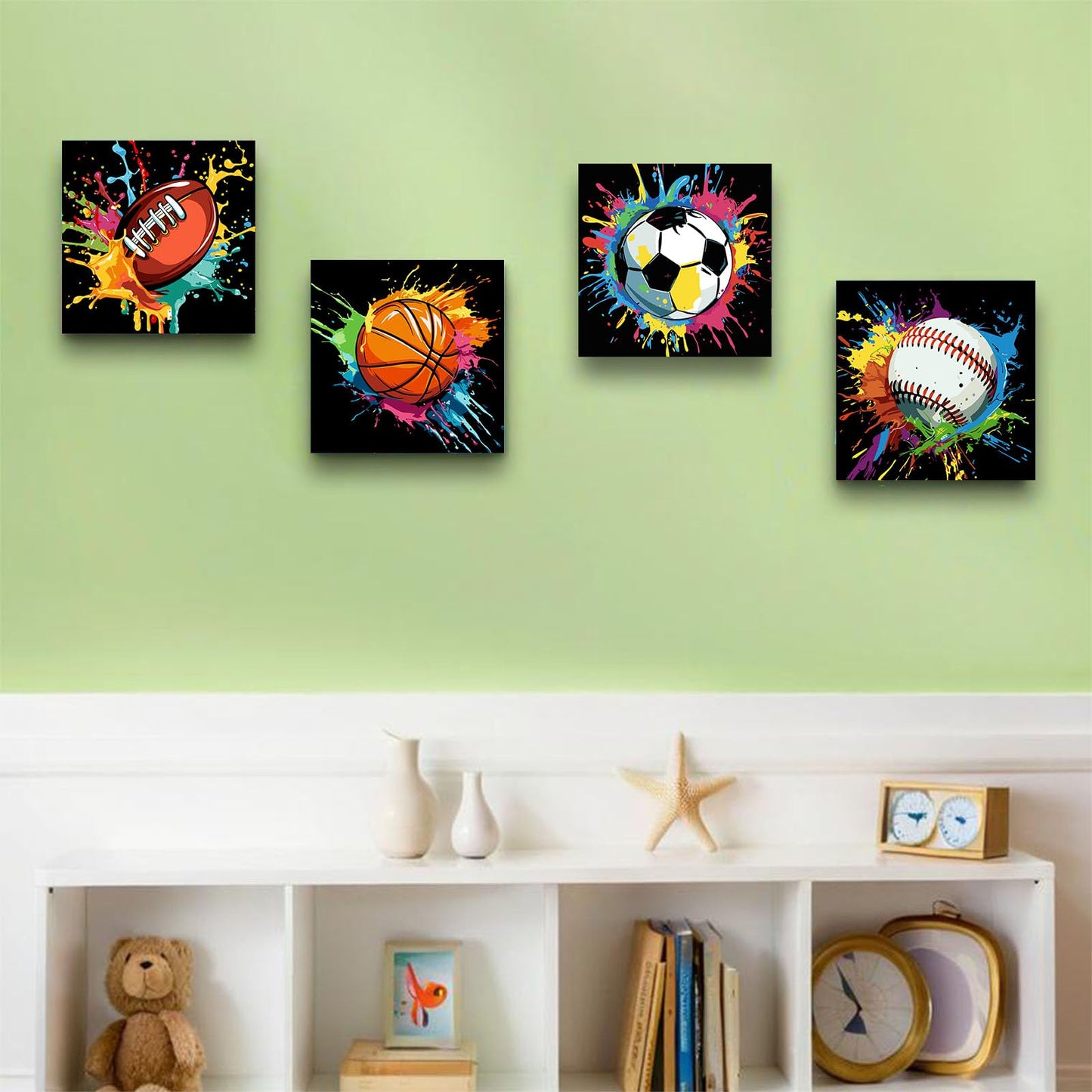 bleihum 4 Pack Paint by Numbers Kit for Kids with Frame Wooden Easel, Easy Paint by Number Kids Sports, DIY Acrylic Oil Football Painting by Numbers for Home Wall Decor 8x8 Inch