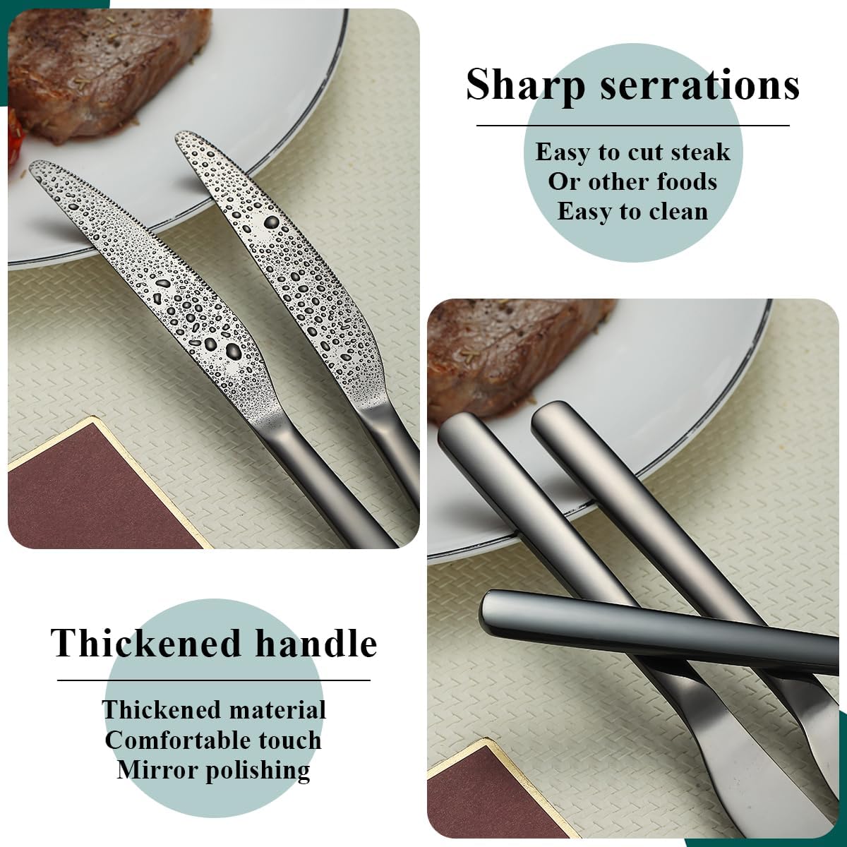 Black Dinner Knives Set, 12 Pieces, Titanium Plating Stainless Steel, Dishwasher Safe Cutlery Set